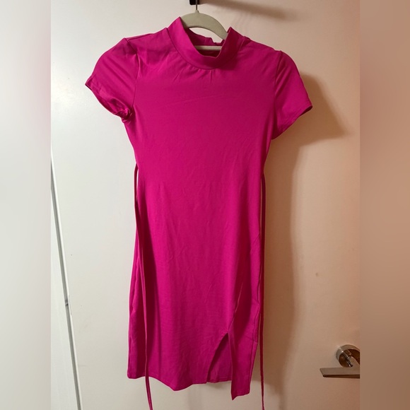 SHEIN Bright Pink High-Neck Split Mini Dress NWOT - Picture 2 of 7